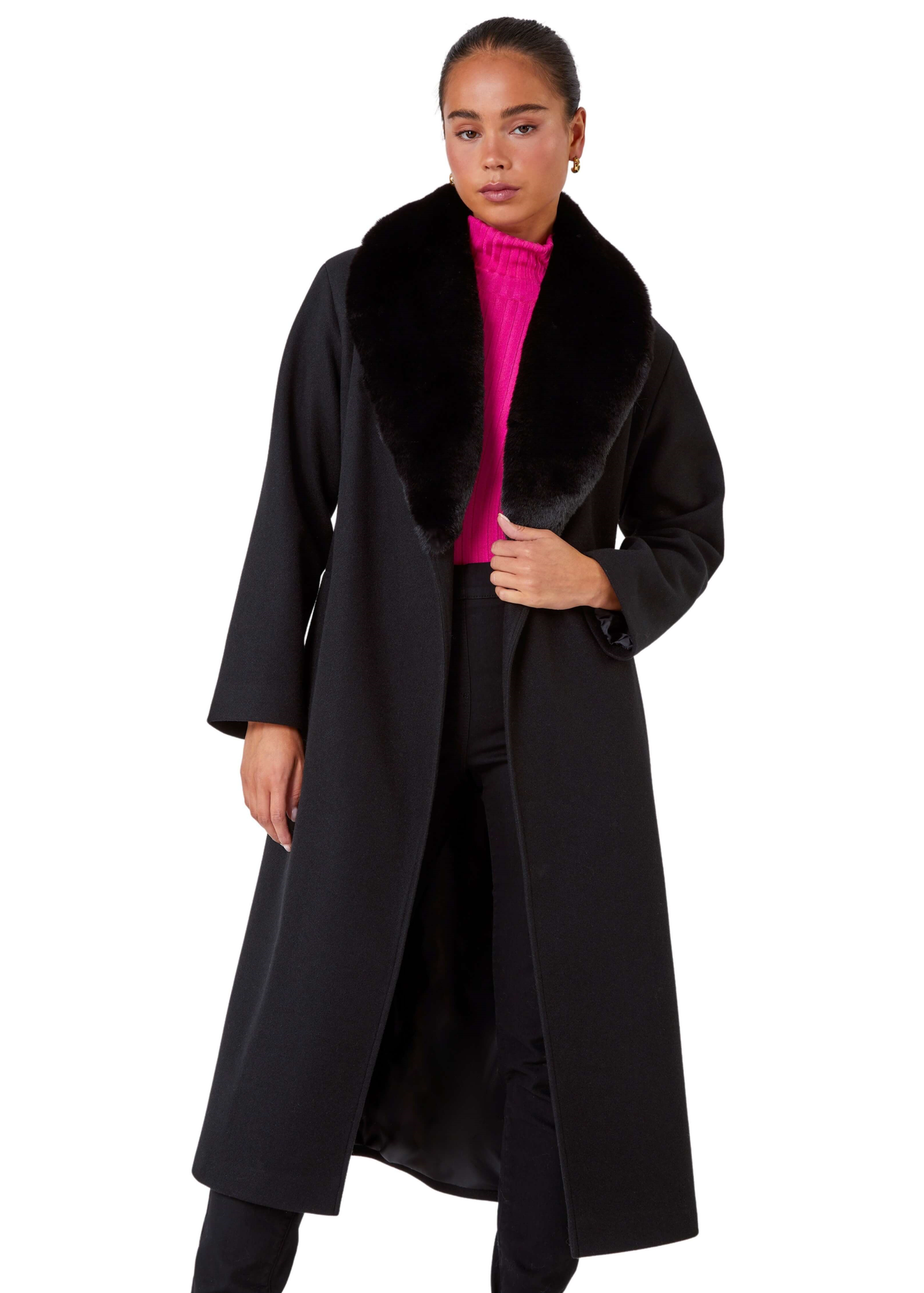 Roman Petite Black Faux Fur Collar Longline Coat
