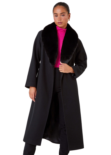 Roman Petite Black Faux Fur Collar Longline Coat