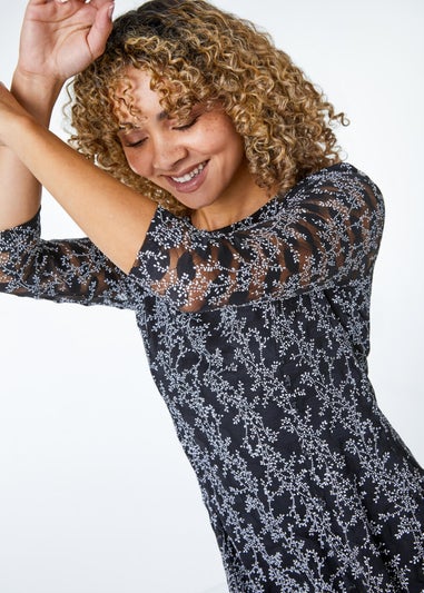 Roman Petite Black Ditsy Floral Print Dress