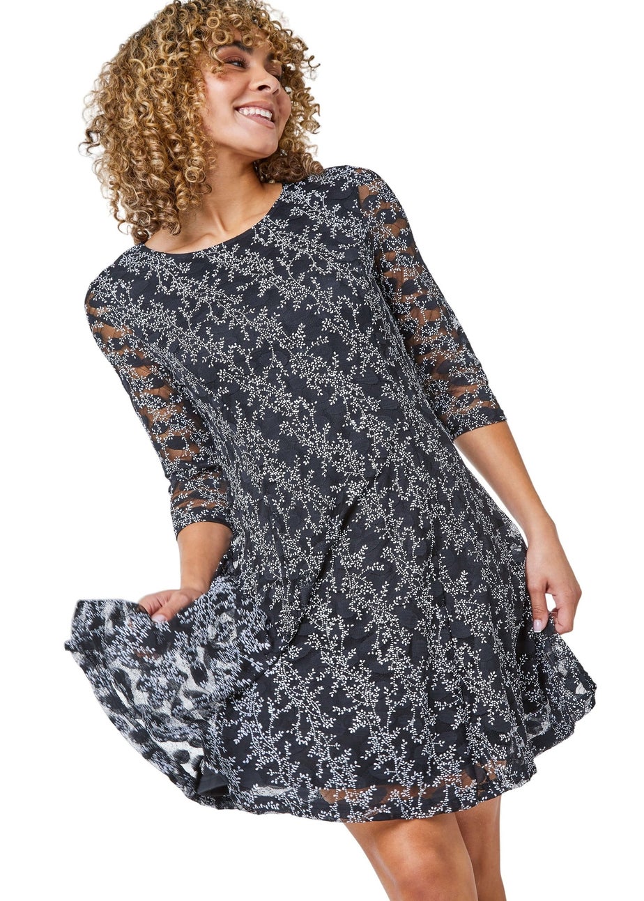 Roman Petite Black Ditsy Floral Print Dress