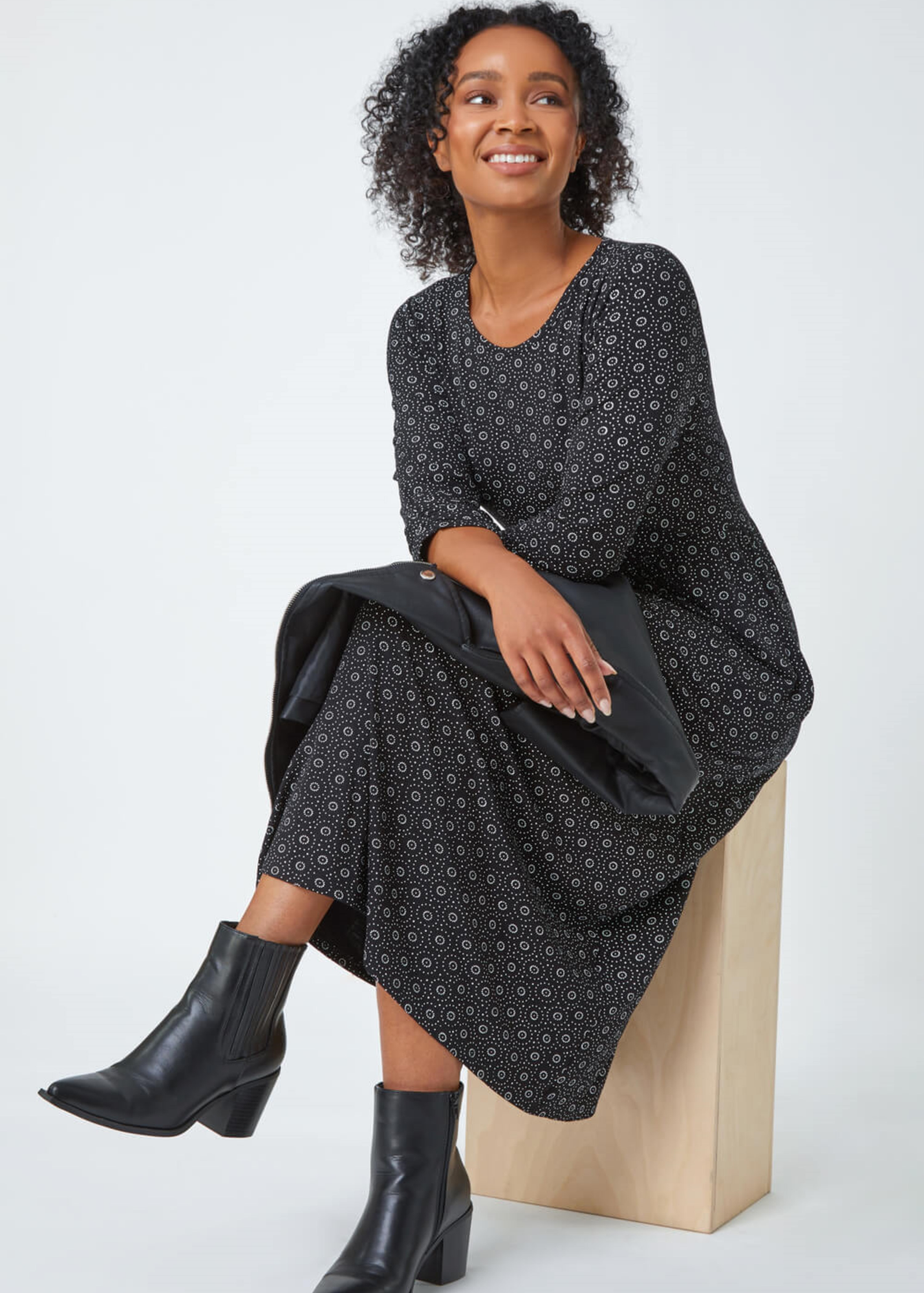 Roman Petite Black Spot Pocket Stretch Ruched Midi Dress
