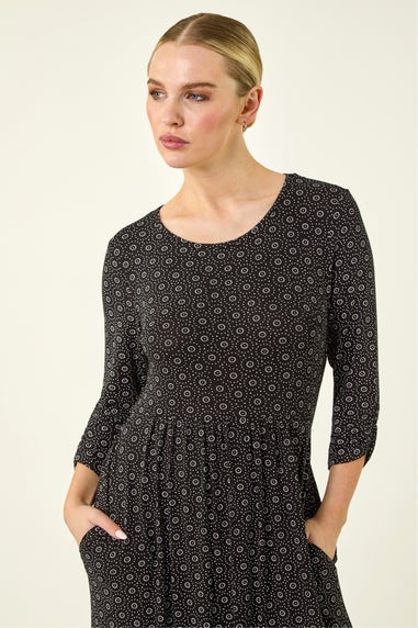 Roman Petite Black Spot Pocket Stretch Ruched Midi Dress