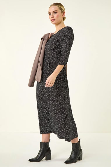 Roman Petite Black Spot Pocket Stretch Ruched Midi Dress