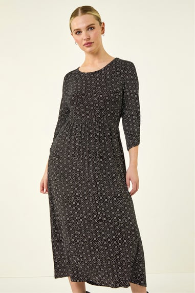 Roman Petite Black Spot Pocket Stretch Ruched Midi Dress