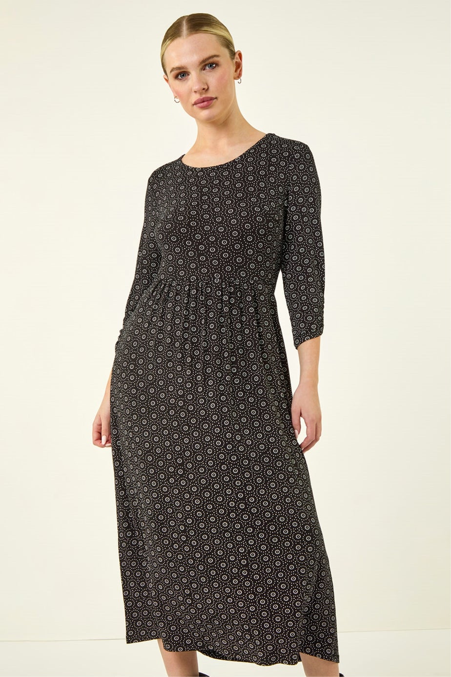 Roman Petite Black Spot Pocket Stretch Ruched Midi Dress