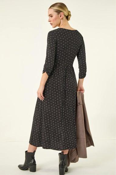 Roman Petite Black Spot Pocket Stretch Ruched Midi Dress