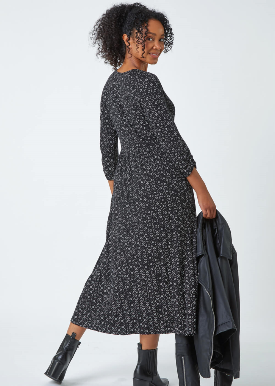 Roman Petite Black Spot Pocket Stretch Ruched Midi Dress