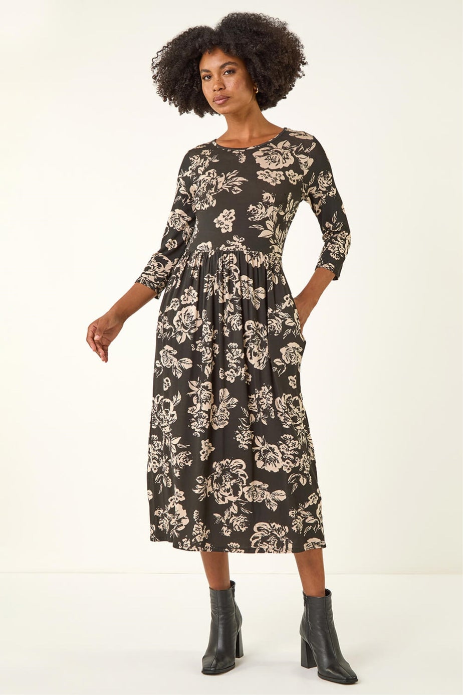 Roman Black Floral Pocket Stretch Midi Dress