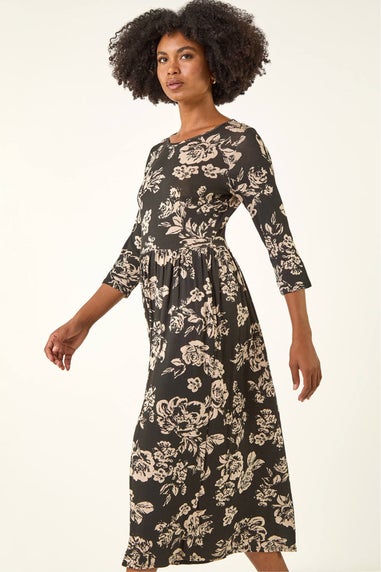 Roman Black Floral Pocket Stretch Midi Dress