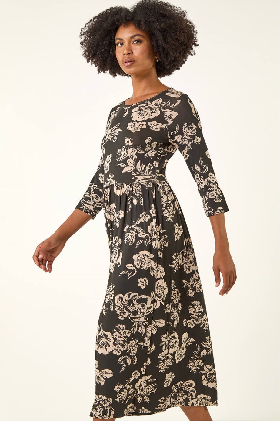 Roman Black Floral Pocket Stretch Midi Dress