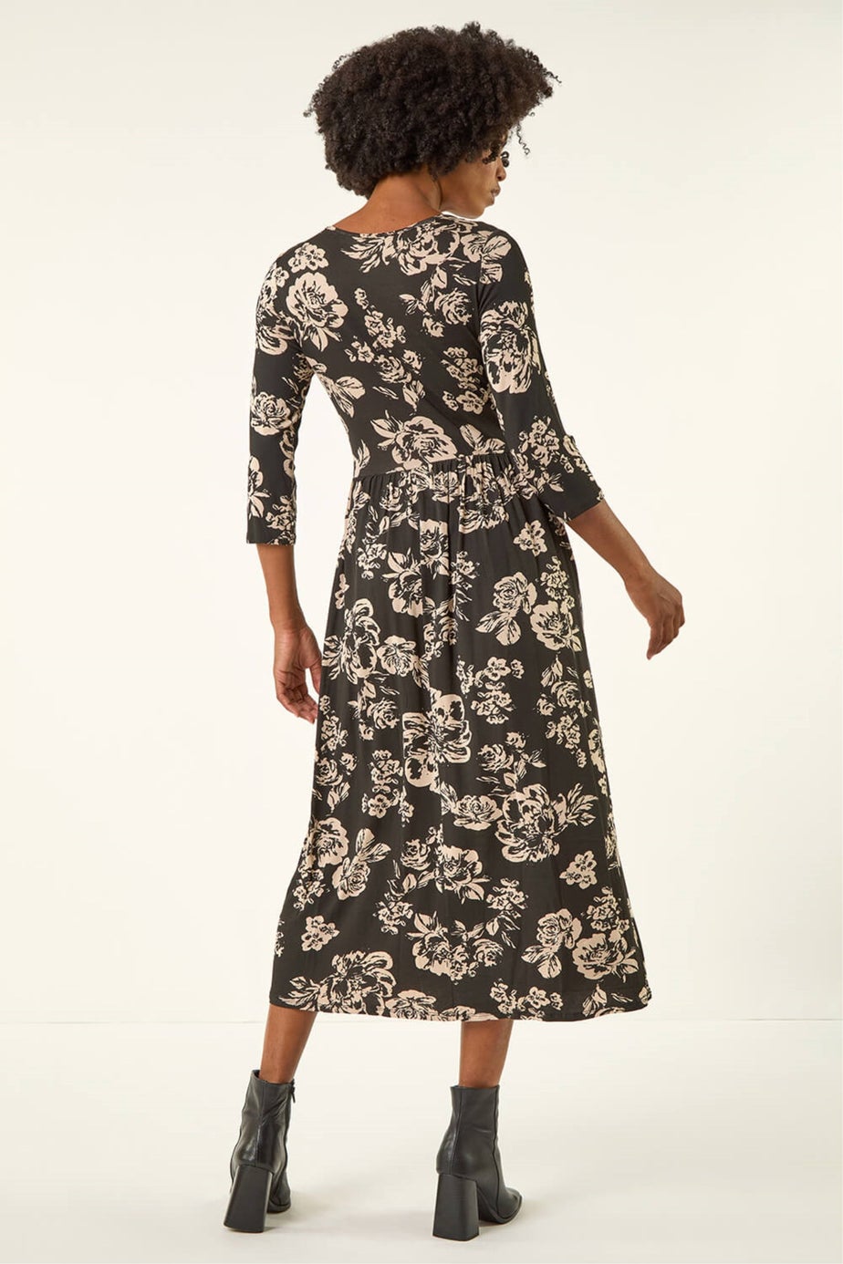Roman Black Floral Pocket Stretch Midi Dress