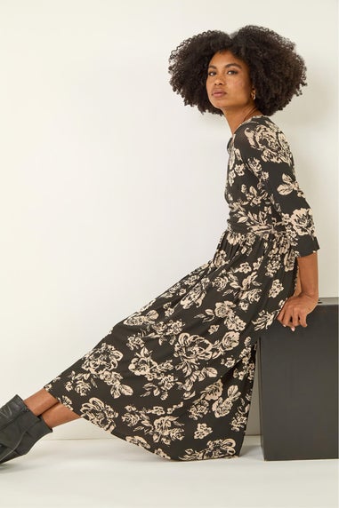 Roman Black Floral Pocket Stretch Midi Dress