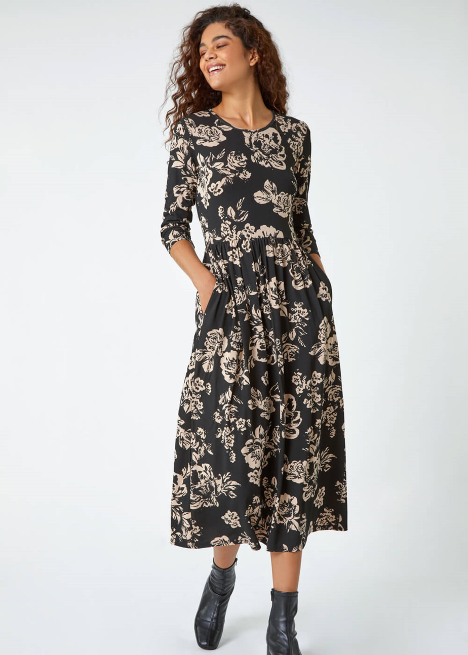 Roman Black Floral Pocket Stretch Midi Dress