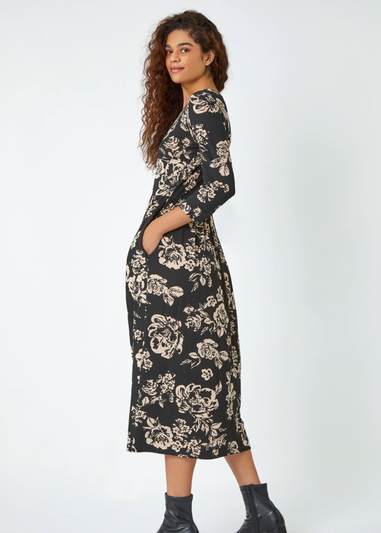 Roman Black Floral Pocket Stretch Midi Dress