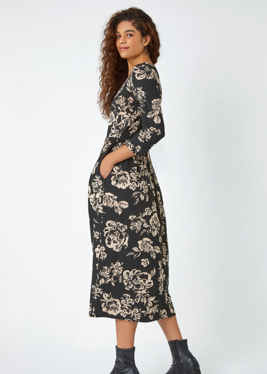 Roman Black Floral Pocket Stretch Midi Dress