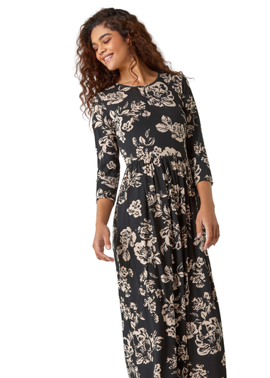 Roman Black Floral Pocket Stretch Midi Dress