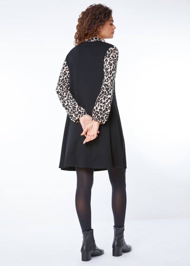 Roman Black Contrast Leopard Print Swing Dress