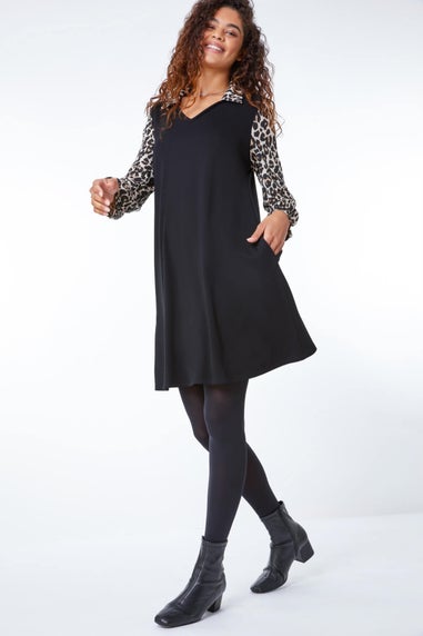 Roman Black Contrast Leopard Print Swing Dress