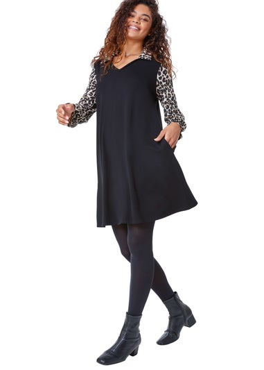 Roman Black Contrast Leopard Print Swing Dress
