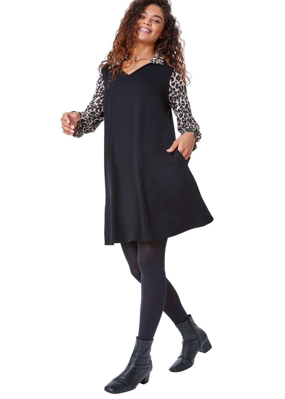 Roman Black Contrast Leopard Print Swing Dress