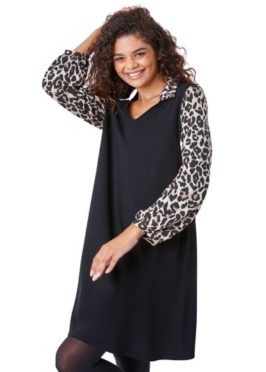 Roman Black Contrast Leopard Print Swing Dress