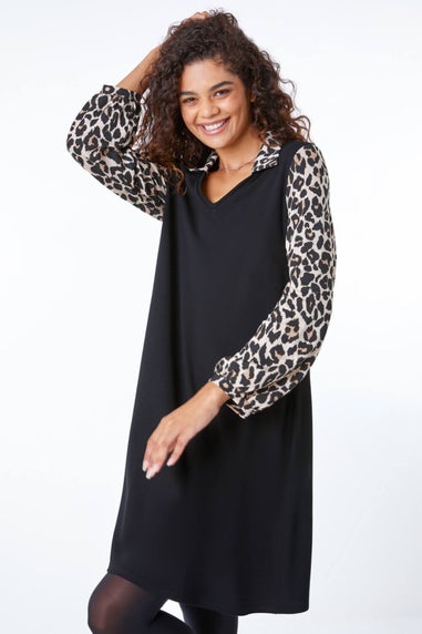 Roman Black Contrast Leopard Print Swing Dress
