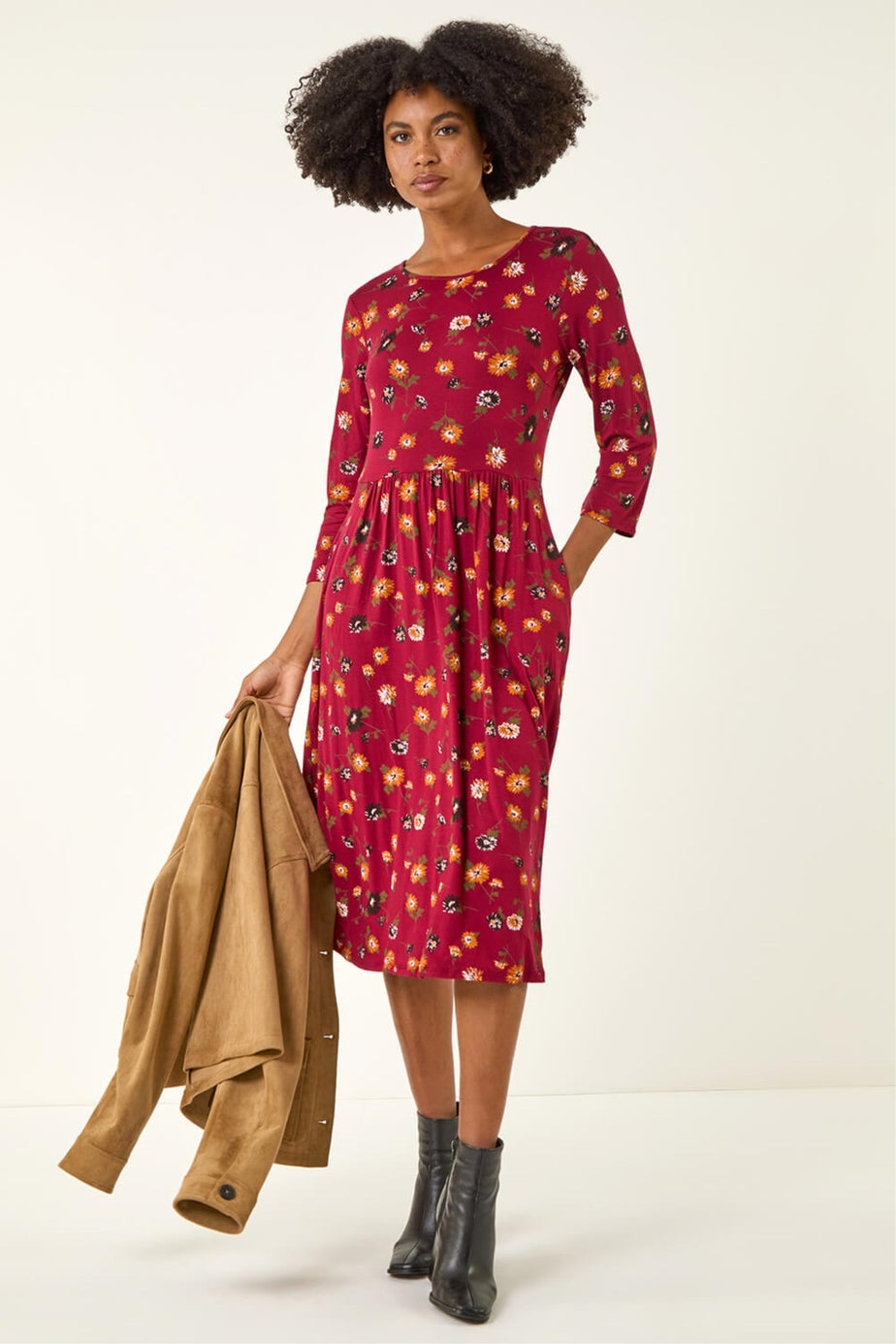 Roman Rust Floral Print Pocket Detail Midi Dress