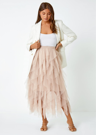 Roman Natural Elastic Waist Mesh Layered A Line Skirt