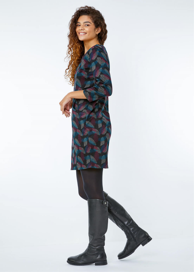 Roman Black Leaf Print Pocket Shift Dress