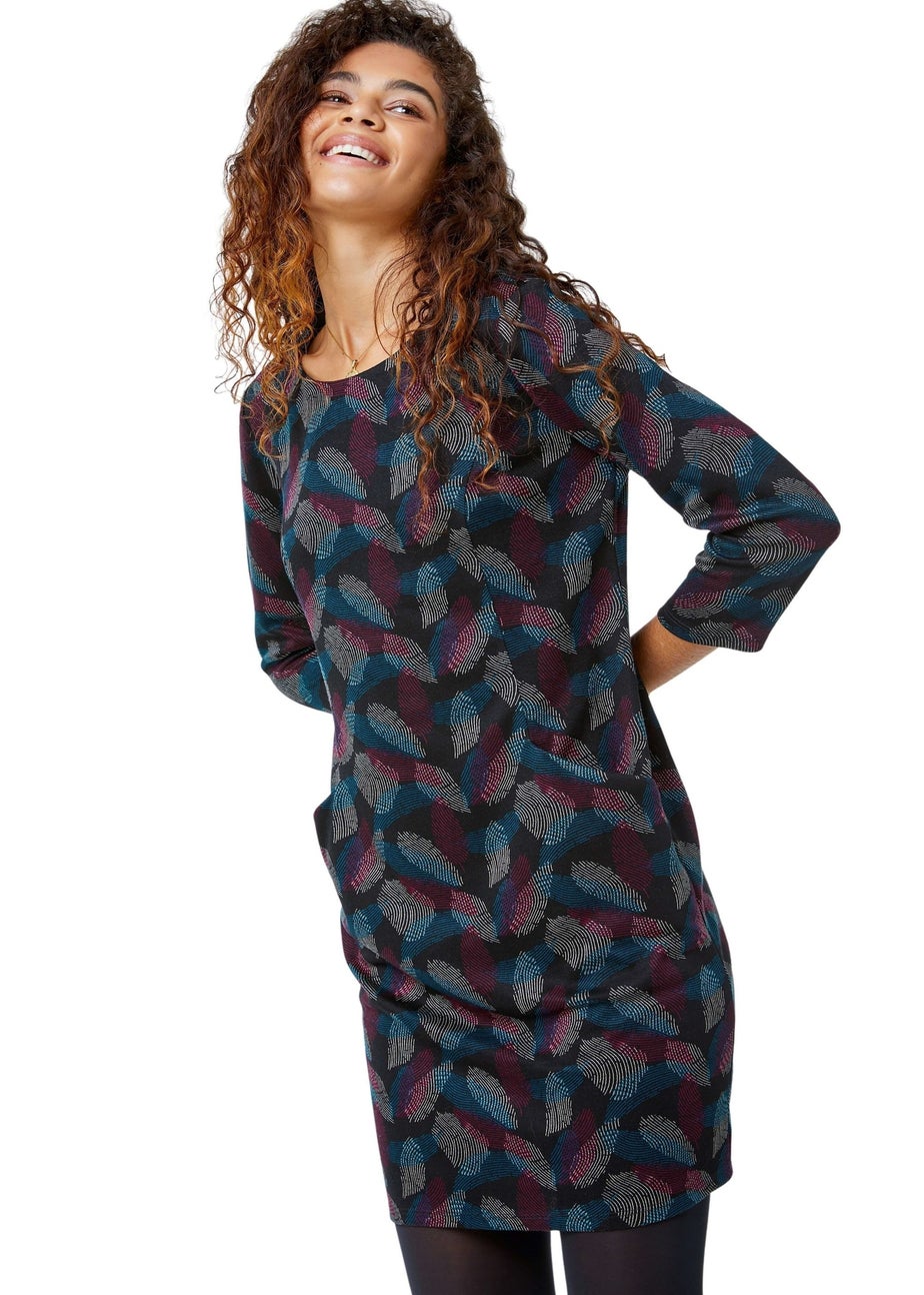 Roman Black Leaf Print Pocket Shift Dress