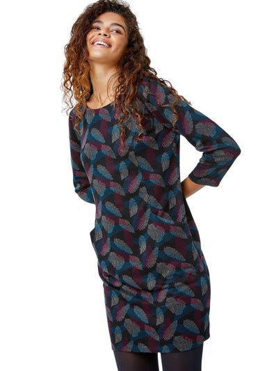 Roman Black Leaf Print Pocket Shift Dress