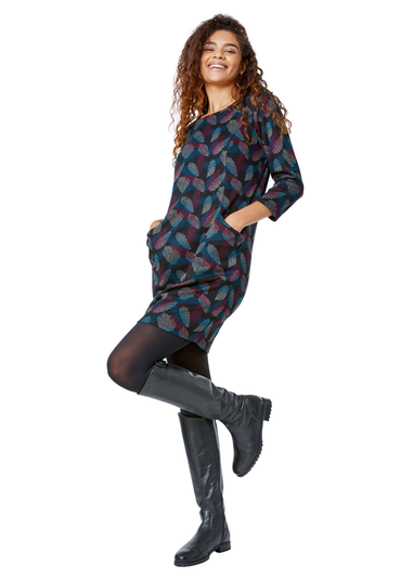 Roman Black Leaf Print Pocket Shift Dress