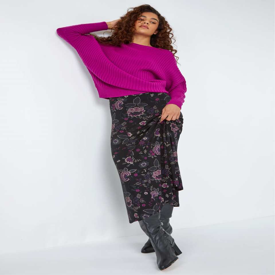 Roman Black Floral Print Midi Elastic Waist Stretch Skirt