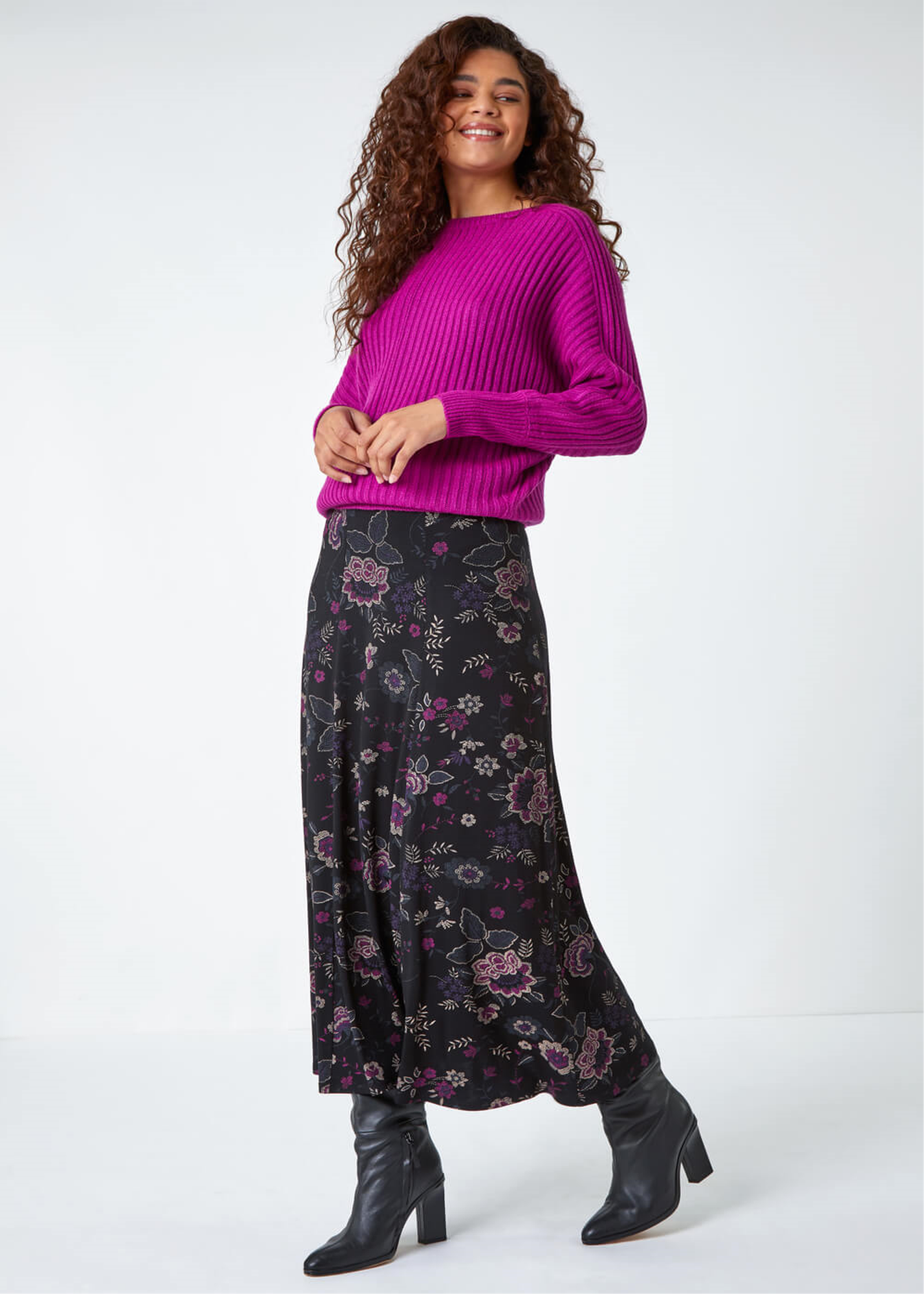 Roman Black Floral Print Midi Elastic Waist Stretch Skirt