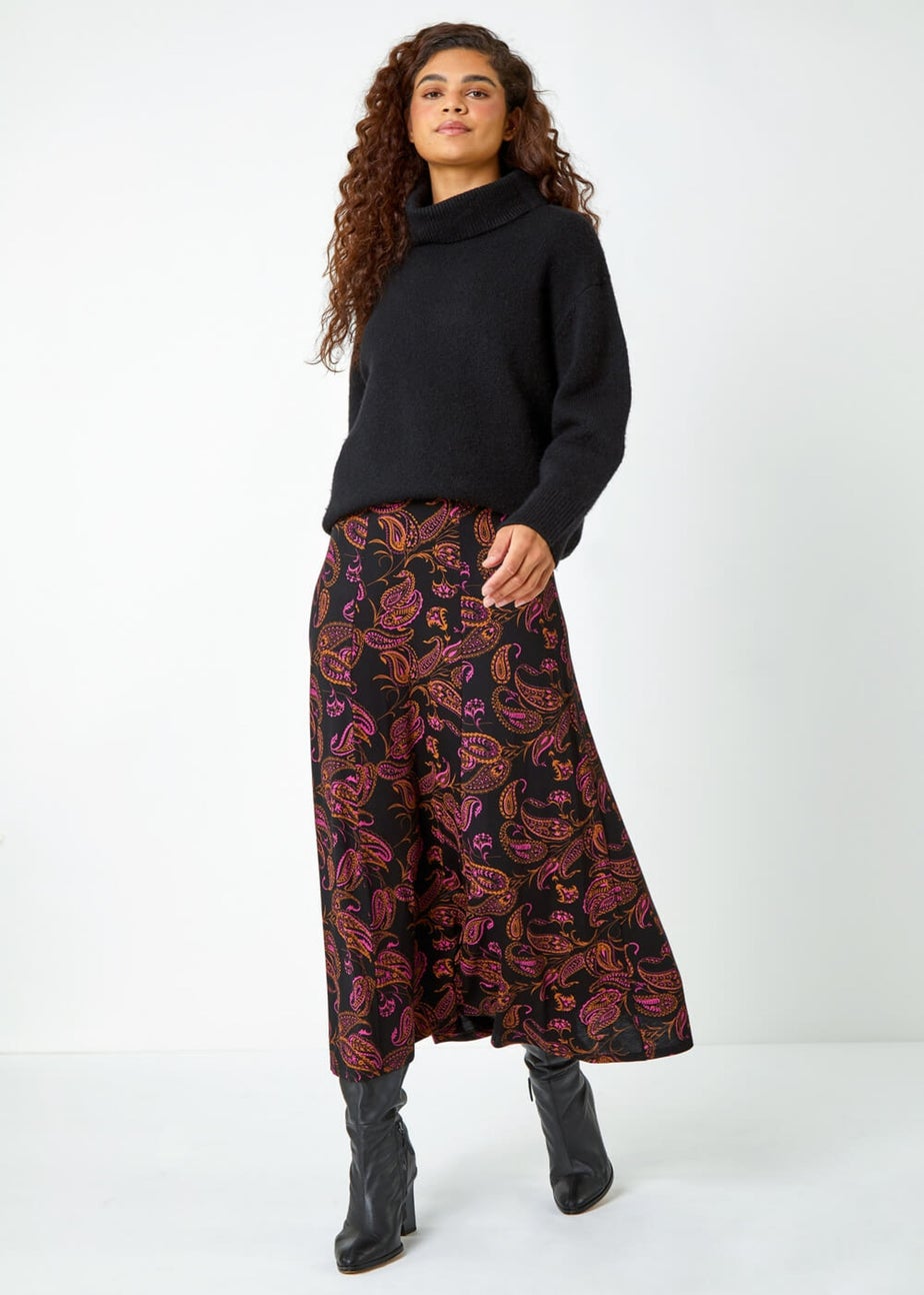 Roman Pink Paisley Print Midi Stretch Skirt