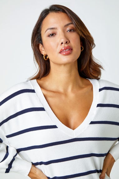 Roman Ivory Stripe Print Knitted V-Neck Longline Jumper