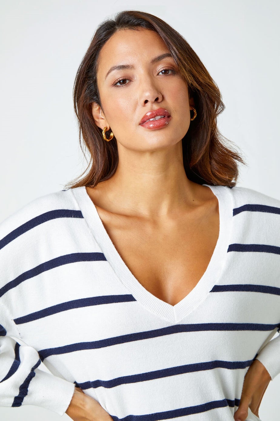 Roman Ivory Stripe Print Knitted V-Neck Longline Jumper