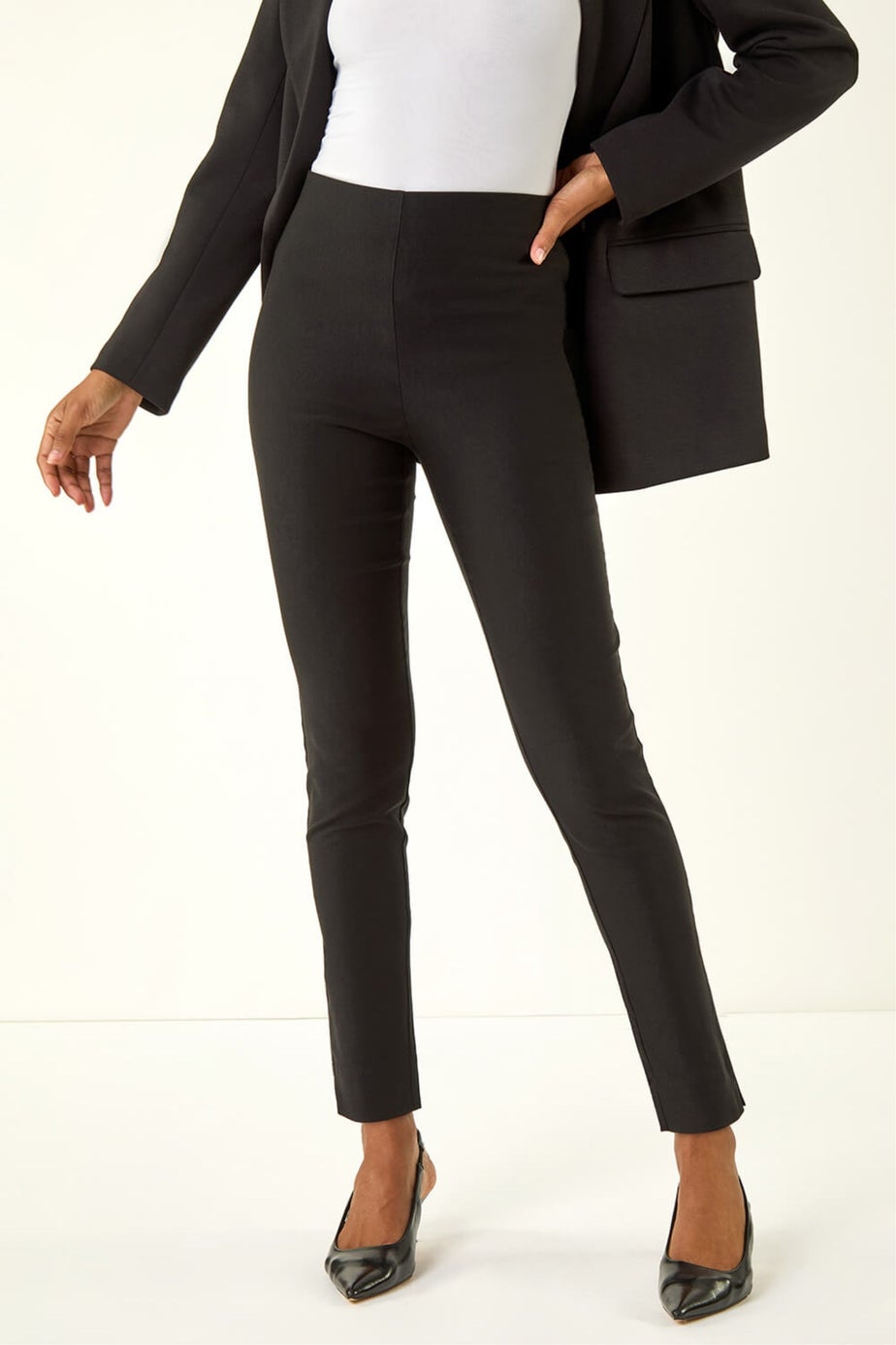 Roman Black Full Length Elastic Waist Stretch Trousers