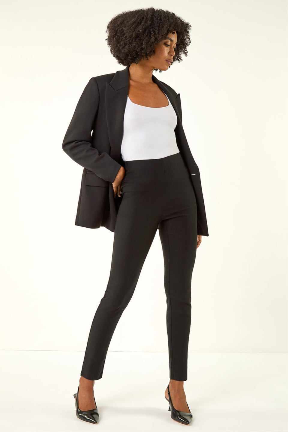 Roman Black Full Length Elastic Waist Stretch Trousers