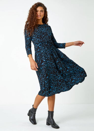 Roman Blue Twist Waist Animal Print Stretch Dress