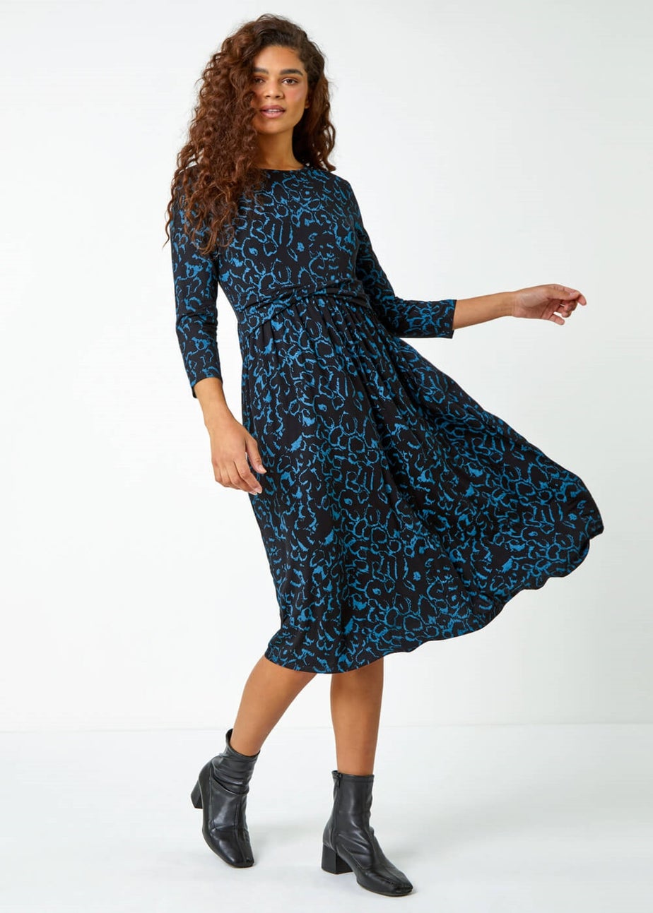 Roman Blue Twist Waist Animal Print Stretch Dress