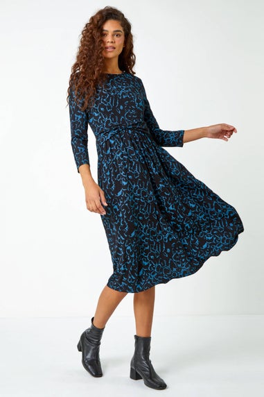 Roman Blue Twist Waist Animal Print Stretch Dress