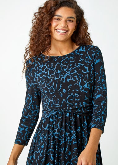 Roman Blue Twist Waist Animal Print Stretch Dress