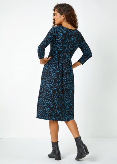 Roman Blue Twist Waist Animal Print Stretch Dress