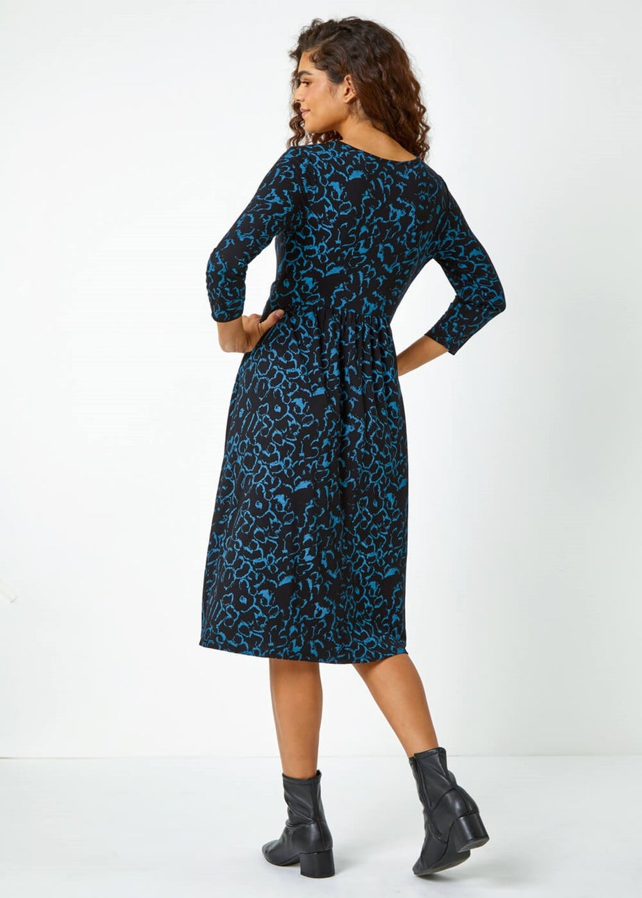 Roman Blue Twist Waist Animal Print Stretch Dress