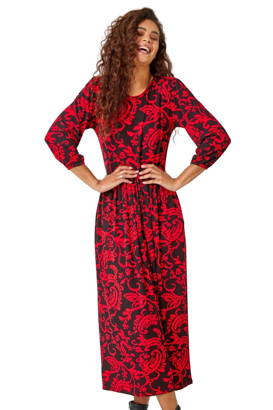 Roman Red Paisley Print Pocket Midi Stretch Dress