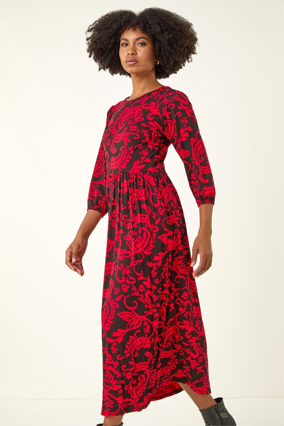 Roman Red Paisley Print Pocket Midi Stretch Dress