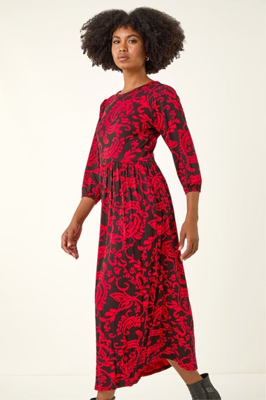 Roman Red Paisley Print Pocket Midi Stretch Dress