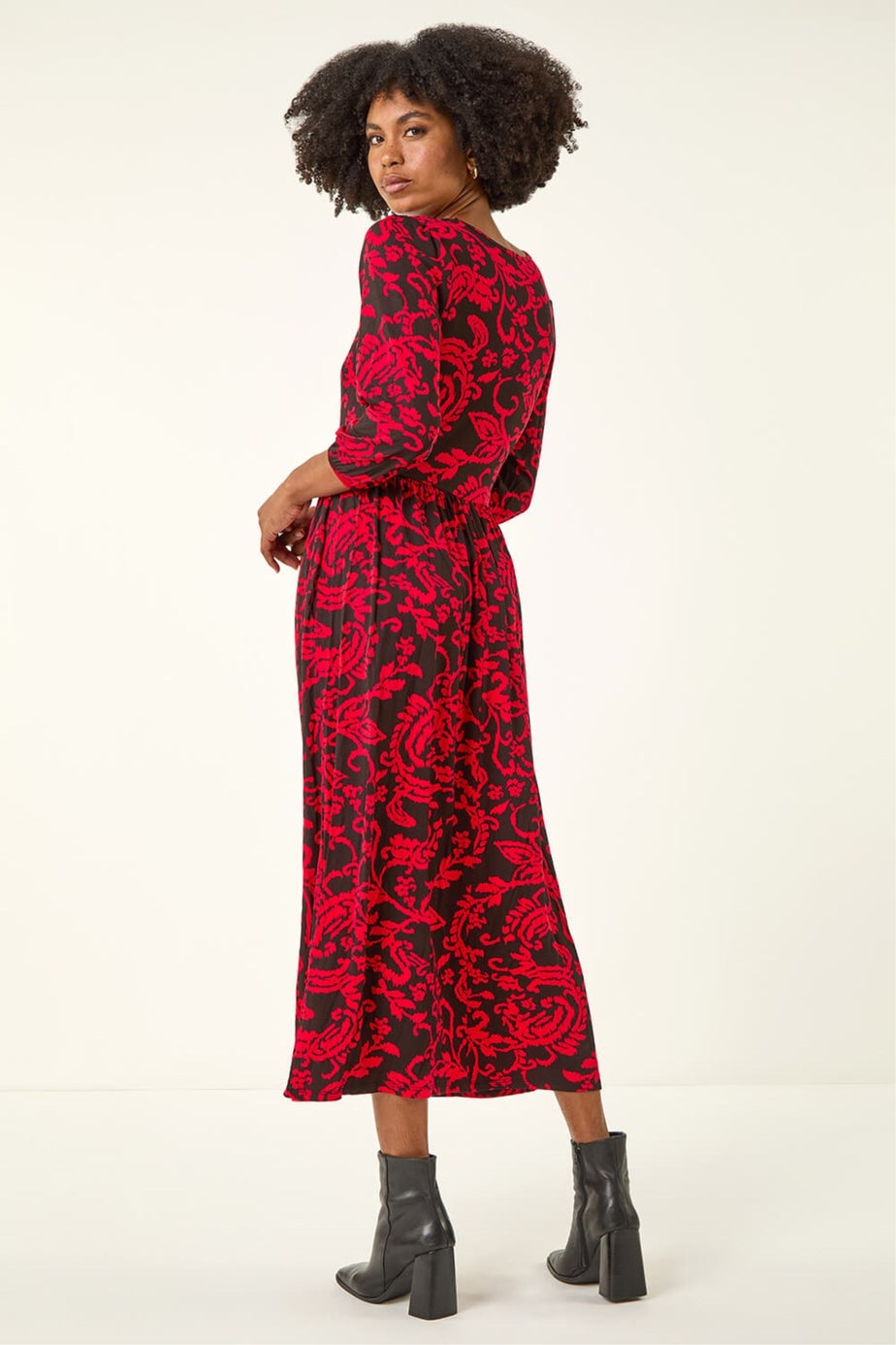 Roman Red Paisley Print Pocket Midi Stretch Dress