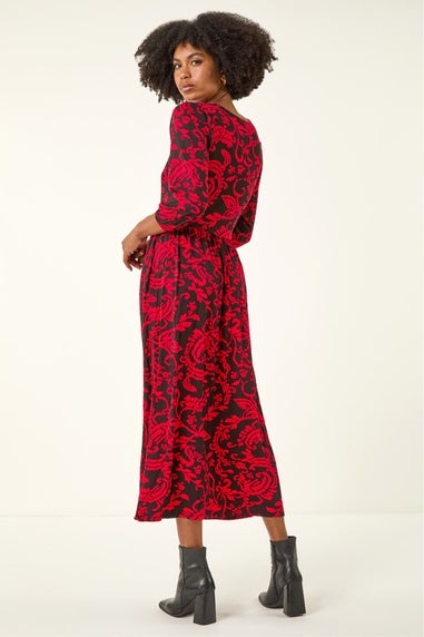 Roman Red Paisley Print Pocket Midi Stretch Dress
